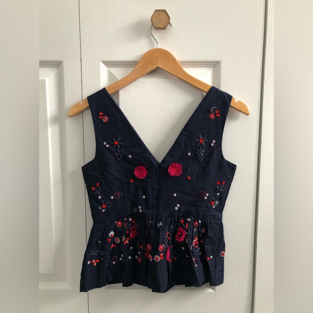 J. Crew Hand-Embellished Peplum Top in Navy Cotton Linen - Picture 2 of 4